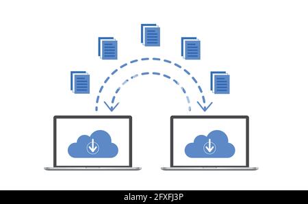 Smartphones file transfer. Data transmission, ftp files receiver and laptop backup copy. Document sharing concept Stock Vector