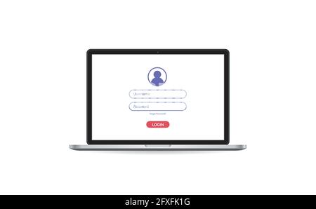 Laptop with authorization on the screen, login and password of the user to the system or account, vector illustration Stock Vector