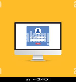 Computer with authorization on the screen, login and password of the user, vector illustration Stock Vector