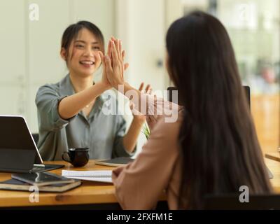Portrait of two businesswomen celebrating and giving high fives during consulting on their project Stock Photo