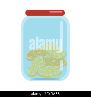Glass jars closed with lids filled with dried slices of lemons and oranges, blanks of dried fruits, vector illustration in flat style, isolate Stock Vector