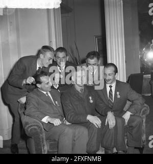 Awarding medals for the best baseball players, standing [front to back] Henk Keulemans, Nol Houtkamp and Ruud Zijlstra sitting [front to back] Simon Heemskerk, Henk Beidschot and Herman van der Brugge, January 19, 1961, baseball, medals, sports, The Netherlands, 20th century press agency photo, news to remember, documentary, historic photography 1945-1990, visual stories, human history of the Twentieth Century, capturing moments in time Stock Photo