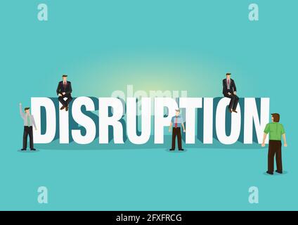 Typeface of Disruption decorated with office businessman. Business concept of business disruption, innovation and digital transformation. Vector illus Stock Vector