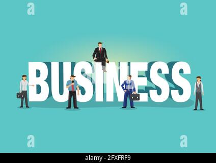 Typeface of Business decorated with office businessman. Business concept of business communicating, business activities and team work. Vector illustra Stock Vector