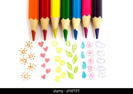 set of colored pencils with doodles isolated on white Stock Photo