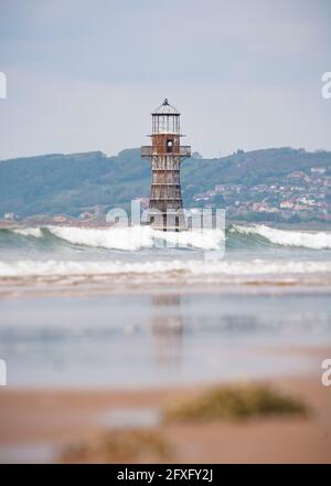 Whiteford Lighthouse, an abandoned, cast-iron metal light house from the Victorian period. Whiteford Point on Gower Peninsula, Wales, UK Stock Photo