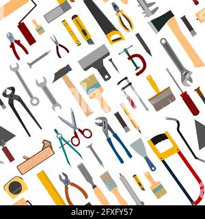 Construction tools. Background. For work as a painter carpenter builder handyman. Repair and construction services. Sale of tools. Hammer, pliers saw Stock Vector