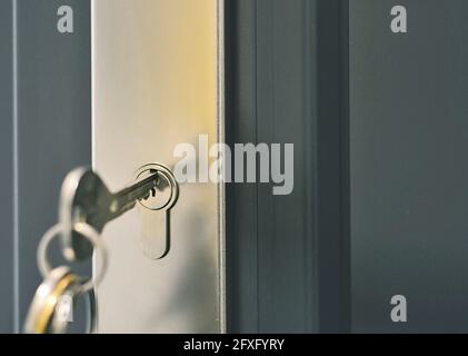 Closeup of a key with a ring inserted in a door lock of the grey door. Unlocking the security lock. Stock Photo