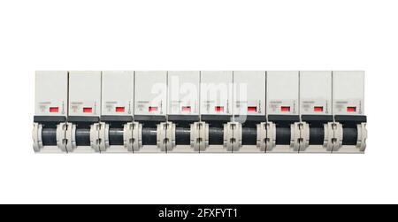 Line of circuit breakers isolated on white background. Stock Photo