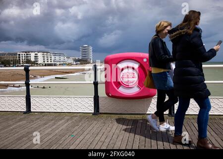 With storm clouds gathering and a swimmer reported in difficulty nearby, two women walk past a life ring without a glance, eyes on the mobile phone. Stock Photo