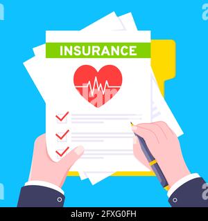 Hand signs medical insurance claim form with file paper sheets flat style design vector illustration. Stock Vector