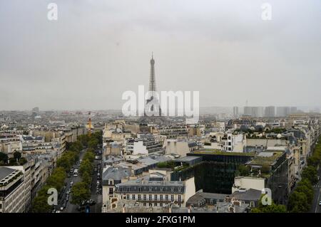 Paris, France, September 28, 2017: View on the skyline with Eiffel Tower and the boulevards built in the mid-19th century. Stock Photo