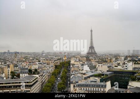 Paris, France, September 28, 2017: View on the skyline with Eiffel Tower and the boulevards built in the mid-19th century. Stock Photo