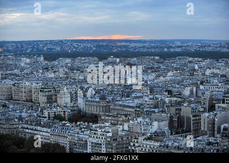 Paris, France, September 28, 2017: View from the Eiffel Tower of the Paris skyline at dusk. Stock Photo