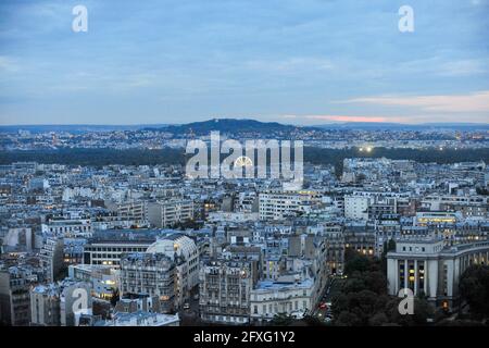 Paris, France, September 28, 2017: View from the Eiffel Tower of the Paris skyline at dusk. Stock Photo