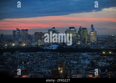 Paris, France, September 28, 2017: View from the Eiffel Tower on the skyline with financial center and the boulevards built in the mid-19th century. Stock Photo