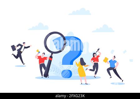 Q and A or FAQ concept with tiny people characters, big question mark, frequently asked questions template. Stock Vector