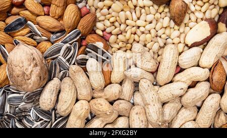 peanuts pine nuts and other seeds and nuts on panoramic background Stock Photo