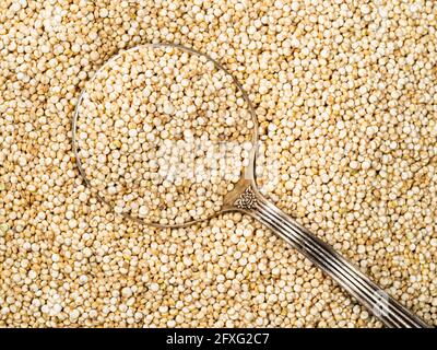 top view of tablespoon in quinoa seeds closeup Stock Photo