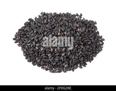 handful of black sesame seeds closeup on white background Stock Photo