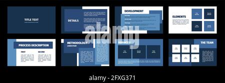 Presentation template. Blue rectangles flat design, white background. 8 slides. Title, detail, development, element, process description, methodology, Stock Vector