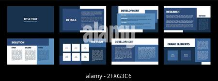 Presentation template. Blue rectangles flat design, white background. 8 slides. Title, detail, development, research, solution, team, frame, element. Stock Vector