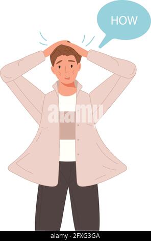 Emotional how question man face with speech bubble. Surprised beautiful young boy. Vector illustration isolated on white Stock Vector