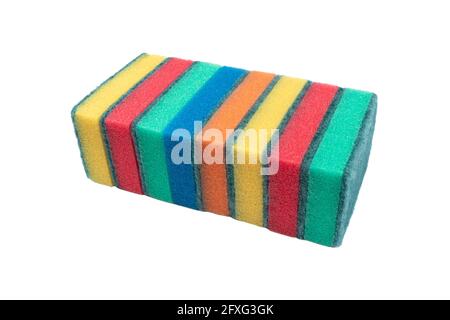 Surface of plastic multicolored sponge isolated on white background. Close-up texture. Scrub sponge. Sponge texture background. Colourful sponge Stock Photo