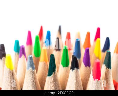 Macro shot colored pencils pattern isolated on white background. Set of multicolored pencils background texture. Color pencils set Stock Photo