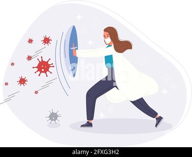 Fight and protect Coronavirus concept. Medical staff fight protective shield with pandemic. Vector illustration Stock Vector