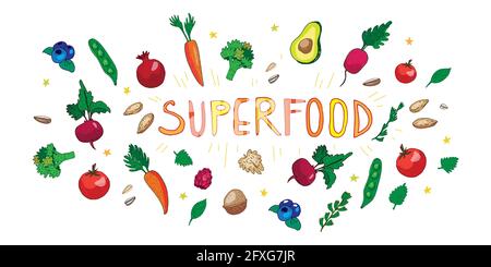 Superfood banner with vegetables, flakes, greens, fruits, berries, nuts. Vector illustration with superfood products set on white isolated background, Stock Vector