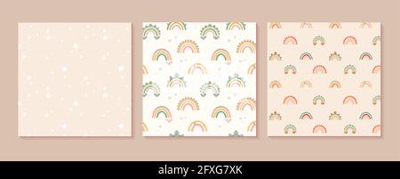 Set of seamless patterns, vector. Cute rainbows in boho style, pastel colors. Flat print with dinosaur decor elements, hearts and stars. For wallpaper, packaging, textiles, etc. Stock Vector