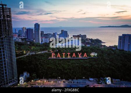 Aerial view of Pattaya city sign, giant letters on the top of the hill with sea views, in Chonburi, Thailand Stock Photo