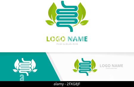 Green intestine logo combination. Natural colon and leaves logotype design template. Stock Vector