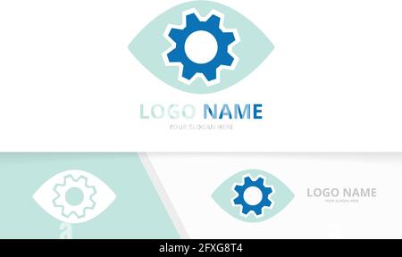 Vector eye and gear logo combination. Unique industrial vision logotype design template. Stock Vector