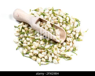 wooden scoop on pile of dried jasmine blooms on white background Stock Photo