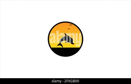 Jumping Dolphin with sunset and seagull icon logo vector illustration Stock Vector