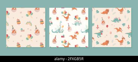 Festive set of patterns with dinosaurs. Velocepator, brontosaurus, stegosaurus, pteranodon, and a baby that has just hatched from an egg. Balloons, gifts. Cheerful vector background for children. Stock Vector