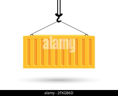 Concept of worldwide delivery by marine transport. Bright yellow cargo in container lifts on winch. Unloading or loading cargo. Vector illustration Stock Vector