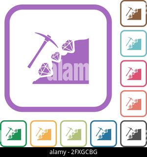 Diamond mining simple icons in color rounded square frames on white background Stock Vector