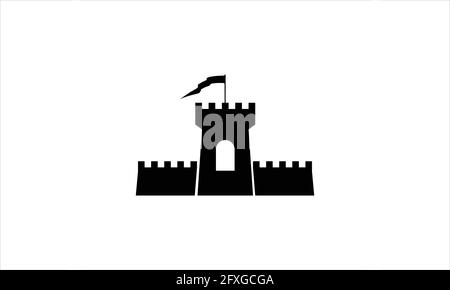 fortress vector icon logo design illustration with sunset and seagull ...