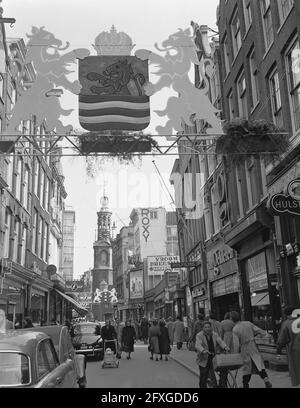 Decoration Kalverstraat Amsterdam on occasion of visit Swedish royal couple, 21 April 1955, state visits, decorations, The Netherlands, 20th century press agency photo, news to remember, documentary, historic photography 1945-1990, visual stories, human history of the Twentieth Century, capturing moments in time Stock Photo