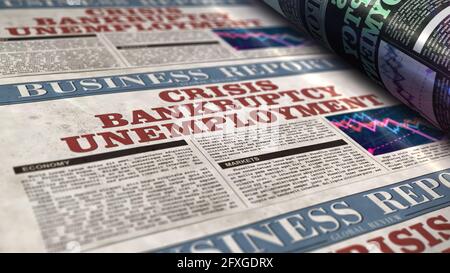 Crisis, bankruptcy and unemployment business news. Daily newspaper print. Vintage paper media press abstract concept. Retro style 3d rendering illustr Stock Photo
