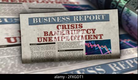 Crisis, bankruptcy and unemployment business news. Daily newspaper print. Vintage paper media press abstract concept. Retro style 3d rendering illustr Stock Photo