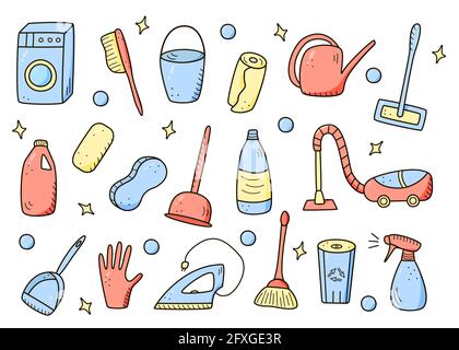 Doodle style vector cleaning elements. A set of drawings of cleaning products and items. Room washing kit Stock Photo