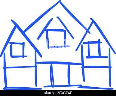 House icon of rough line art in hand drawn style, simple, blue 25 Stock Vector