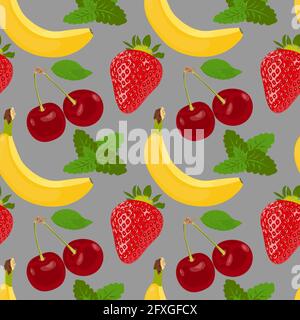 Fresh tasty summer fruits seamless vector pattern design. Seamless pattern with summer fruits like banana, mint, strawberry and cherry. Healthly food. Stock Vector