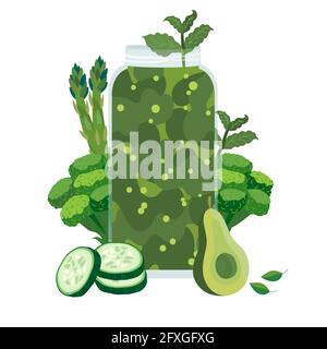 Green smoothie cocktail with asparagus, avocado, cucumber and broccoli. Healthy green drink. Good for vegan, vegeterian, keto, detox an smoothie diets Stock Vector