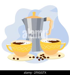 Percolator moka coffee pot with two cups of coffee. Silver moka pot octagonal espresso and two yellow mugs. Cute morning vector lifestyle illustration Stock Vector
