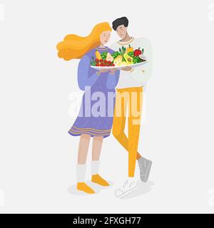 Couple with big plate of healthy organics foods - vegetables and fruits. Concept of same nutrition in the family. For vegan and vegetarian healthcare Stock Vector